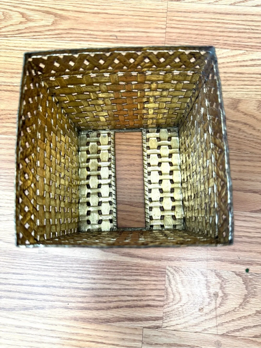 Vintage Hollywood Regency Gold Metal Basket weave Design Square Tissue Box